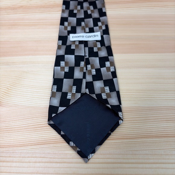 VTG Pierre Cardin Silk Tie Men Black Gray White Geometric Check Retro USA Made - Picture 5 of 5